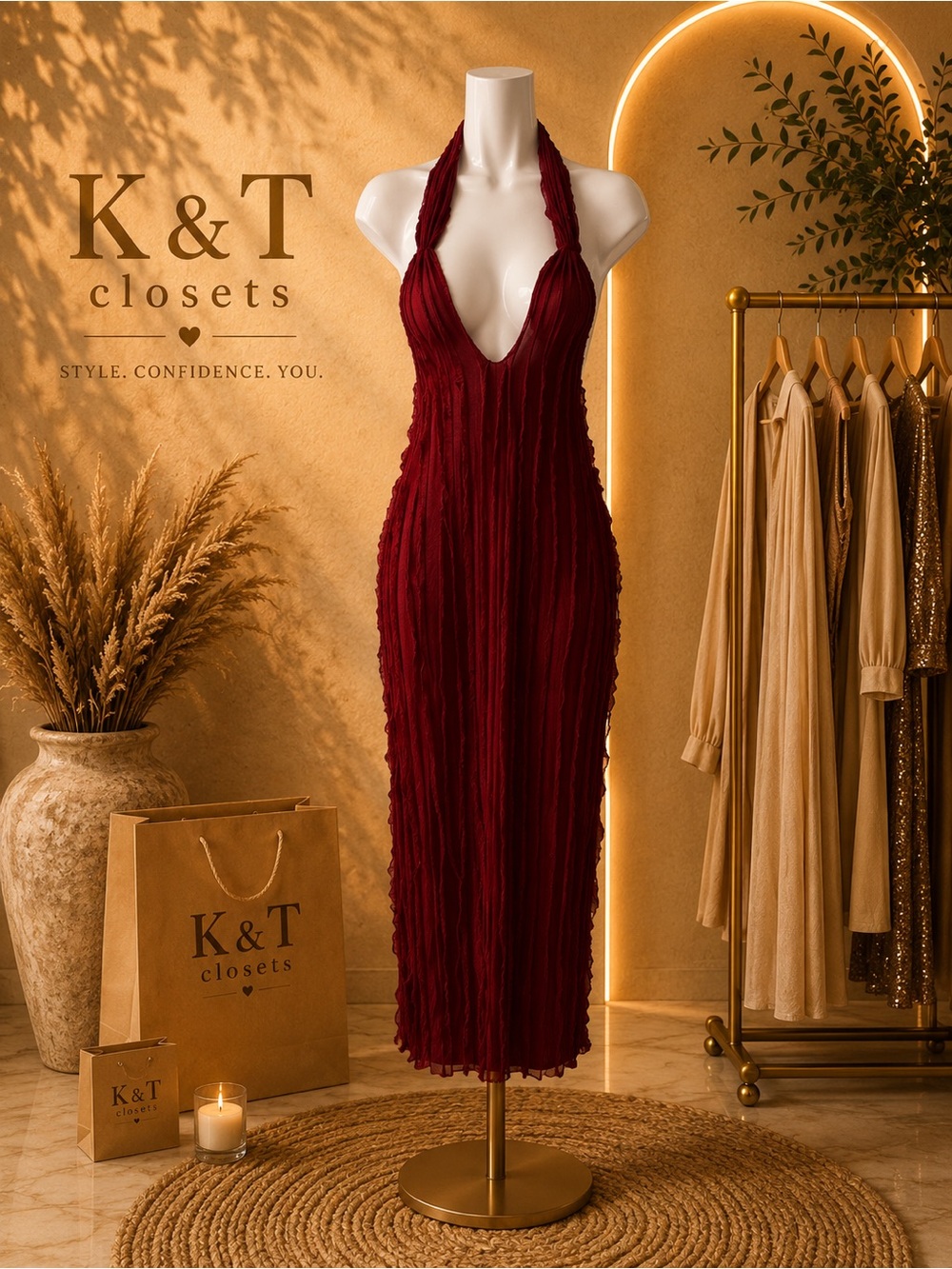 Women's Deep Red Halter Midi Dress